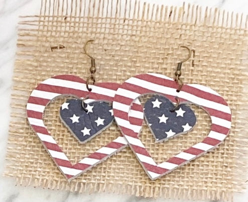 All American Double Heart Dangles ~ Stripes and Stars